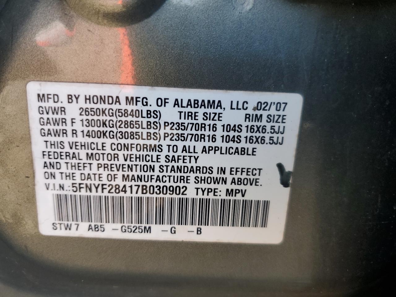 2007 Honda Pilot Ex VIN: 5FNYF28417B030902 Lot: 61275594