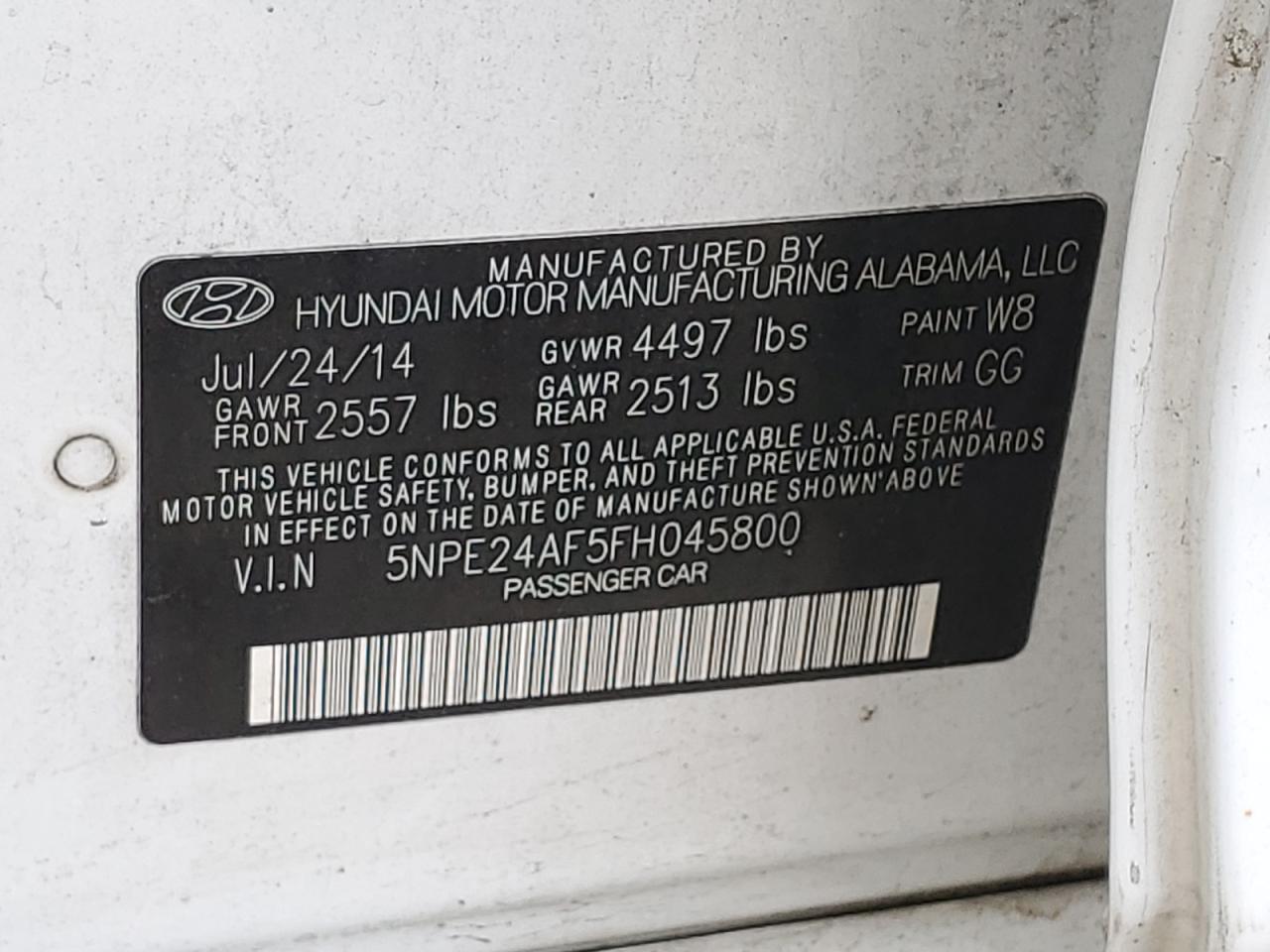 2015 Hyundai Sonata Se VIN: 5NPE24AF5FH045800 Lot: 63023274