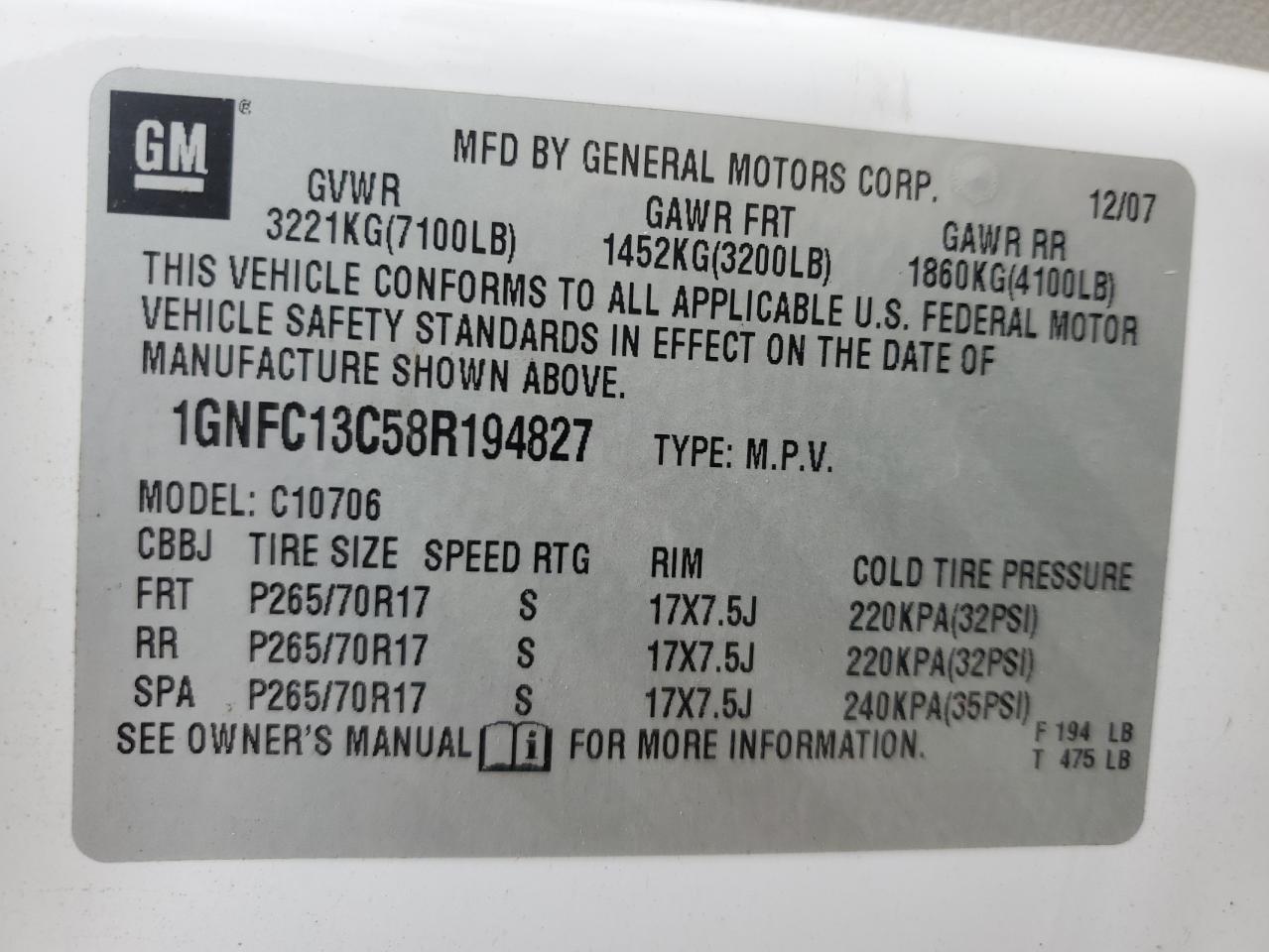 2008 Chevrolet Tahoe C1500 VIN: 1GNFC13C58R194827 Lot: 64800914