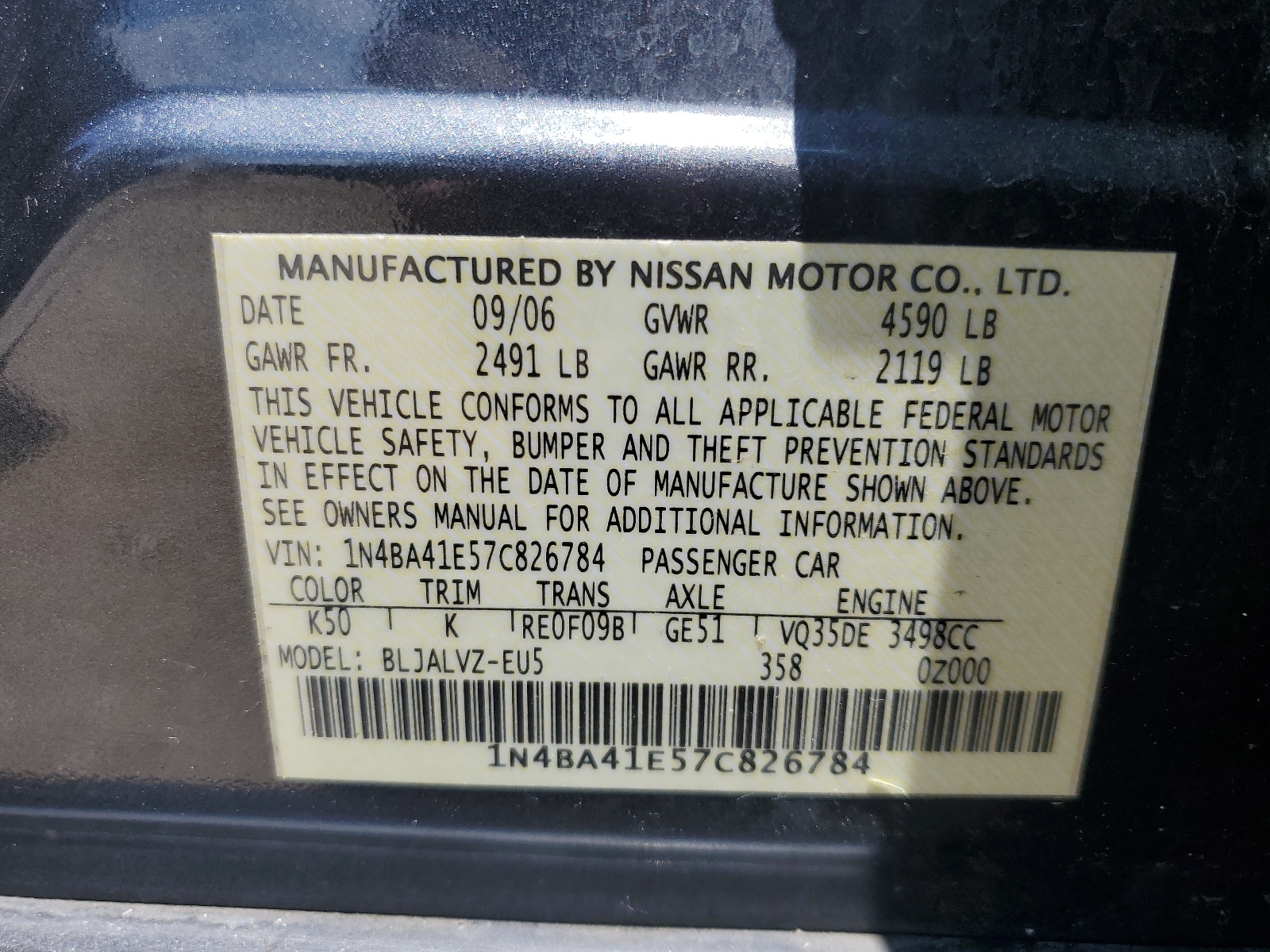 1N4BA41E57C826784 2007 Nissan Maxima Se