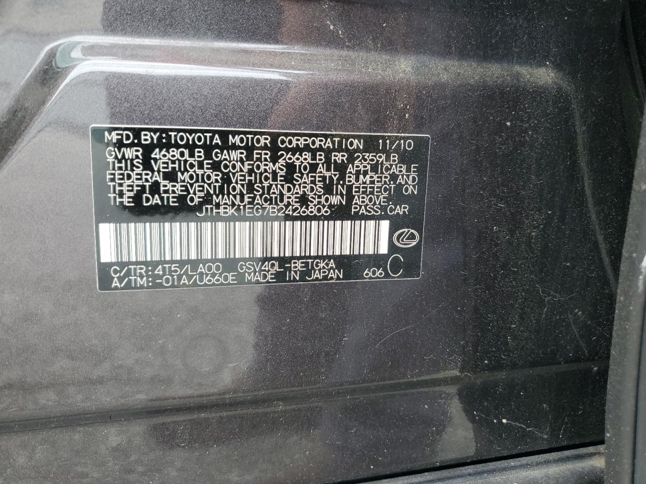 2011 Lexus Es 350 VIN: JTHBK1EG7B2426806 Lot: 63976014