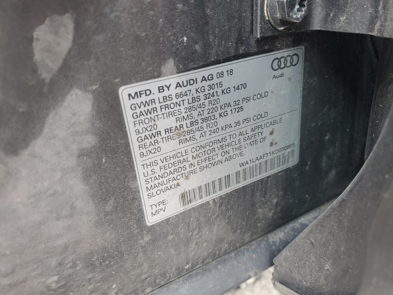 2019 Audi Q7 Premium Plus VIN: WA1LAAF71KD000888 Lot: 64372834