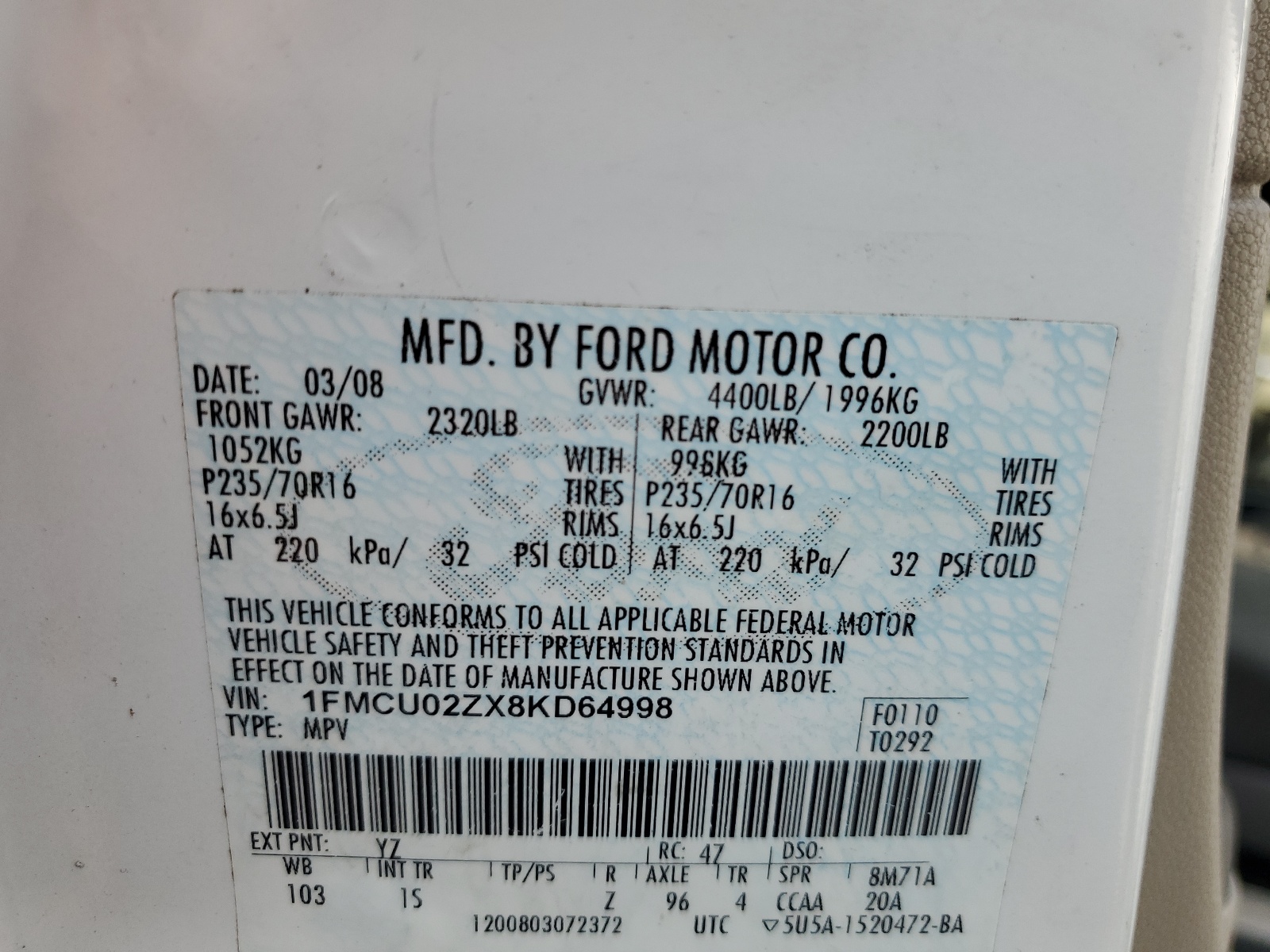 1FMCU02ZX8KD64998 2008 Ford Escape Xls