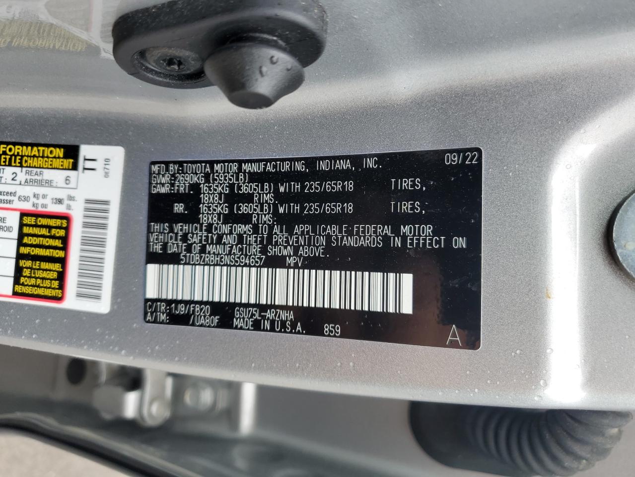 2022 Toyota Highlander L VIN: 5TDBZRBH3NS594657 Lot: 65318844