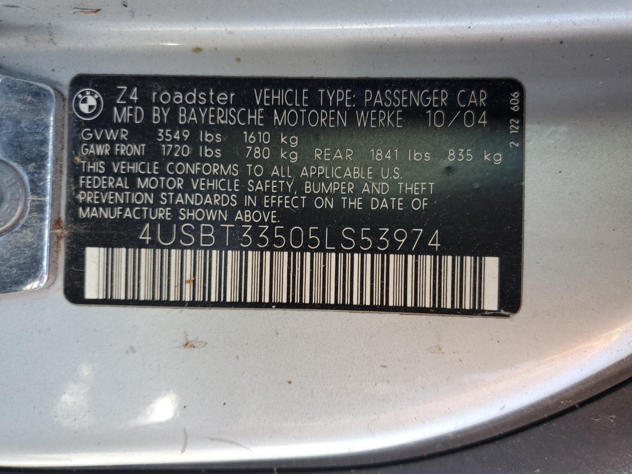 2005 BMW Z4 2.5 VIN: 4USBT33505LS53974 Lot: 65281644