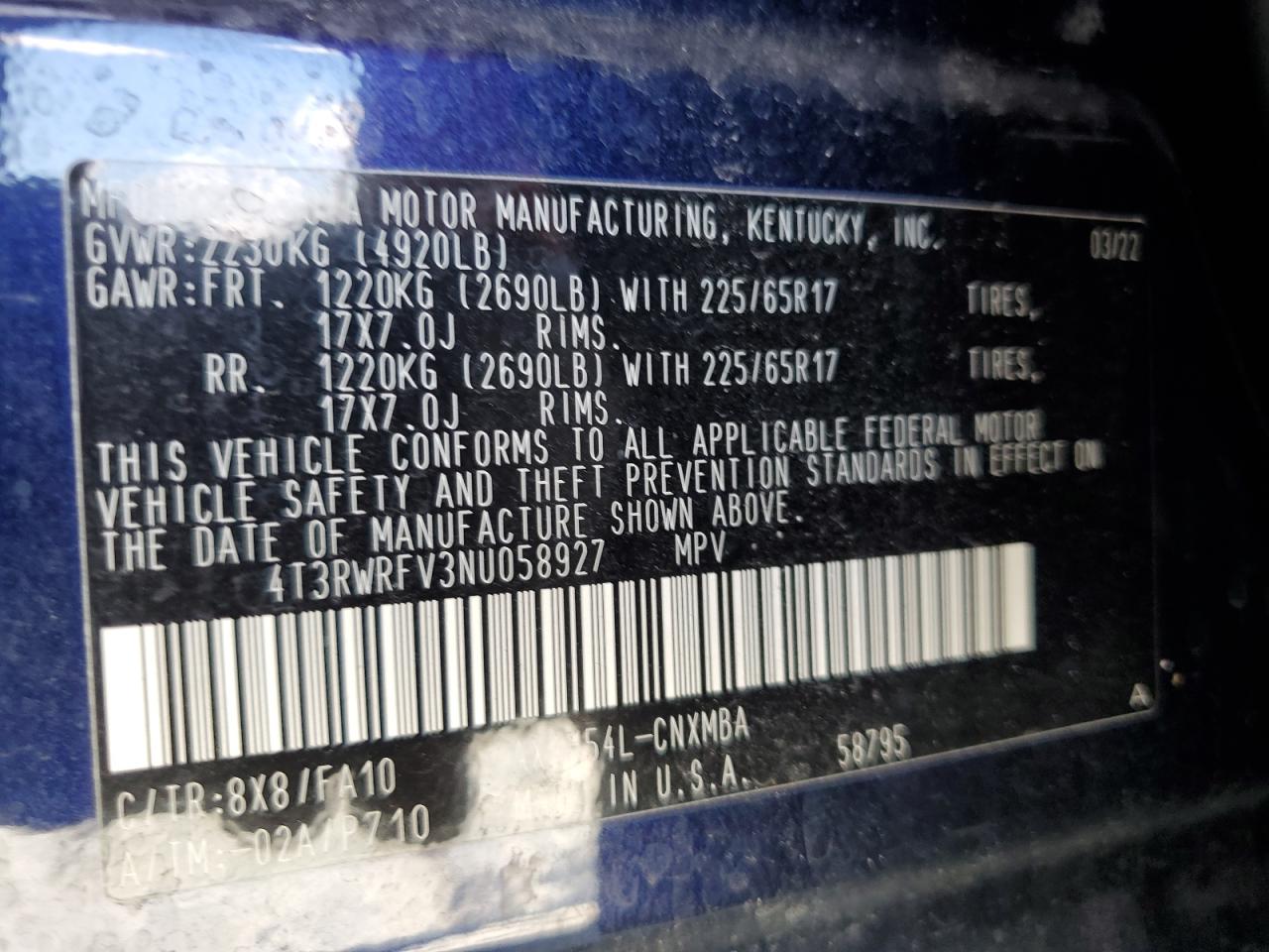 2022 Toyota Rav4 Xle VIN: 4T3RWRFV3NU058927 Lot: 62306134