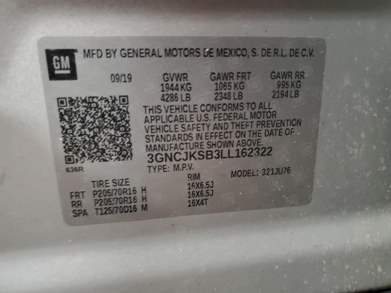 3GNCJKSB3LL162322 2020 Chevrolet Trax Ls