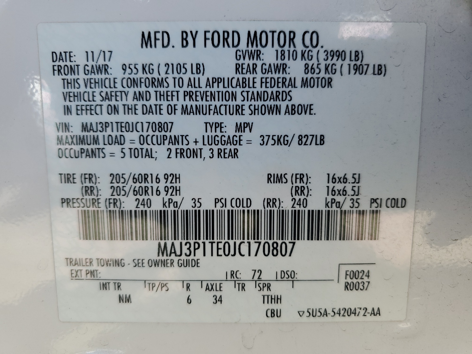 MAJ3P1TE0JC170807 2018 Ford Ecosport Se