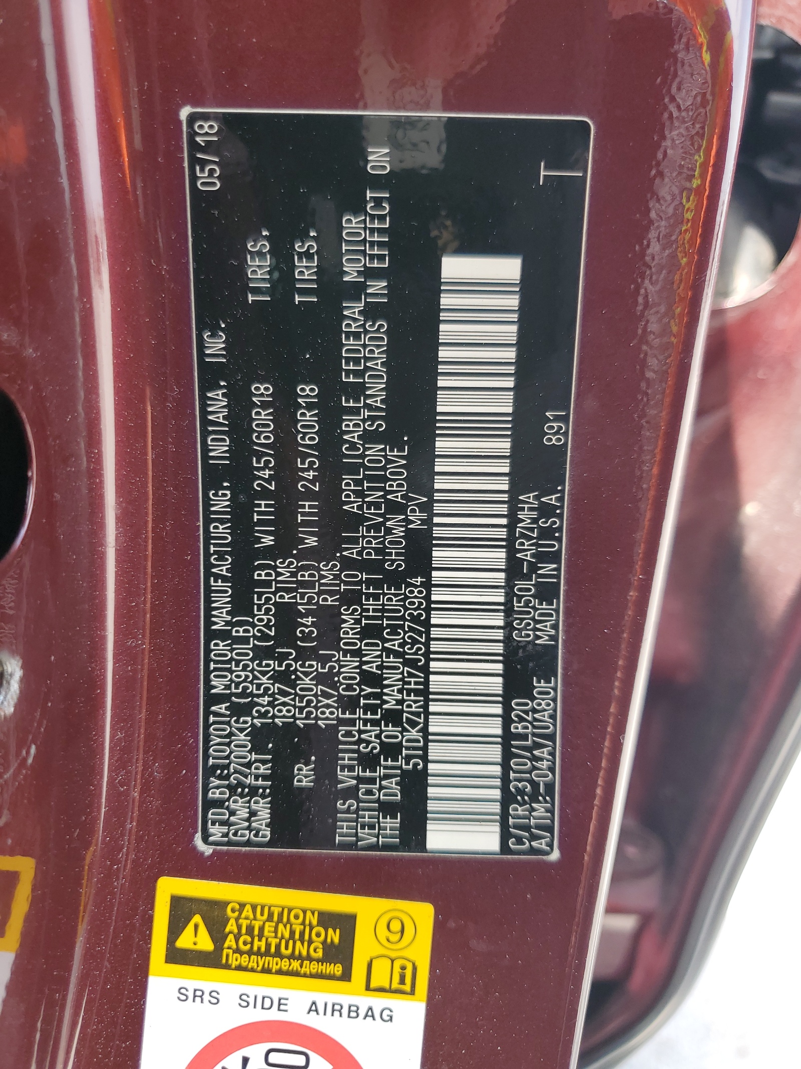 5TDKZRFH7JS273984 2018 Toyota Highlander Se