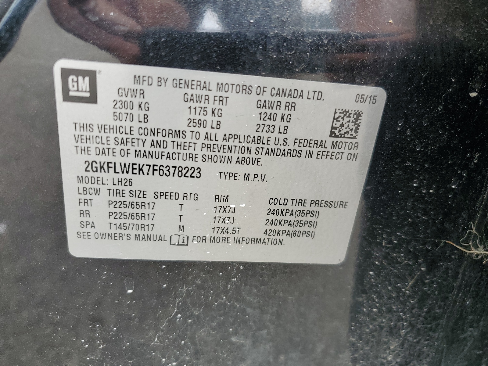 2GKFLWEK7F6378223 2015 GMC Terrain Sle