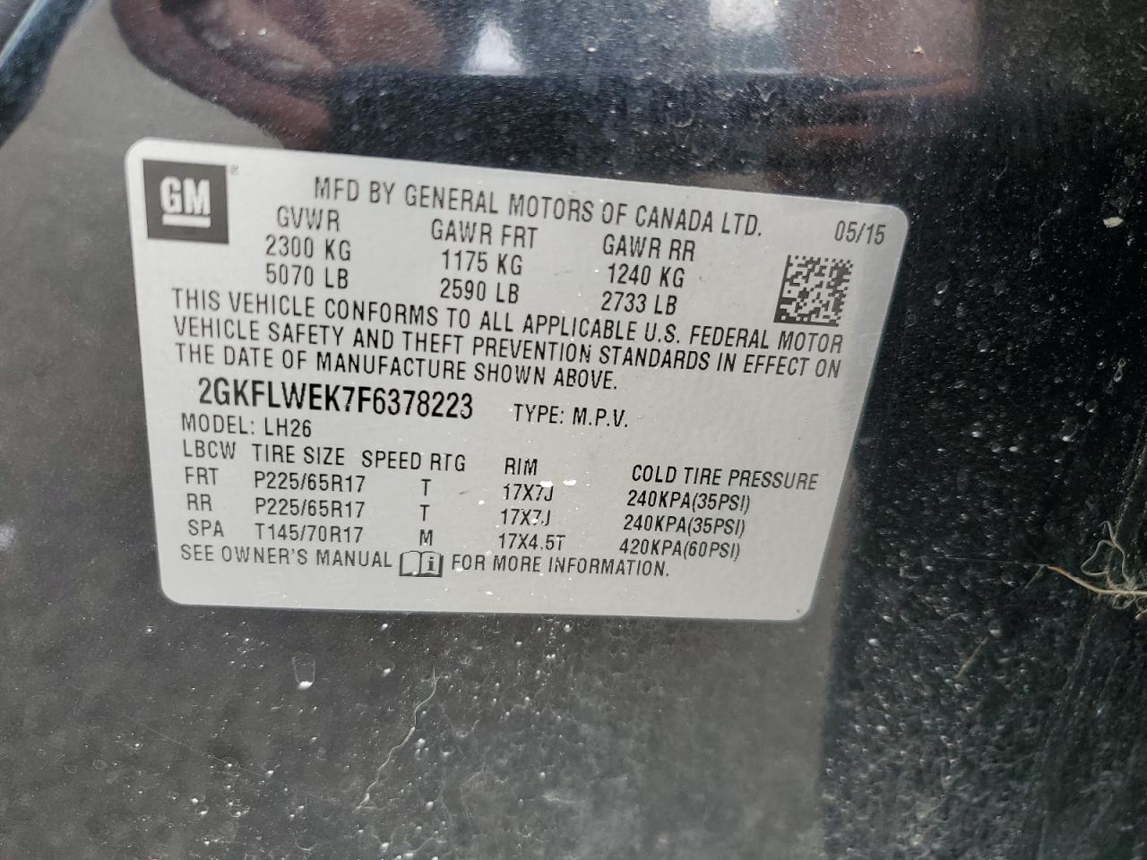 2015 GMC Terrain Sle VIN: 2GKFLWEK7F6378223 Lot: 63280484