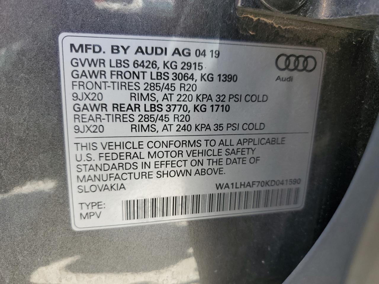 2019 Audi Q7 Premium Plus VIN: WA1LHAF70KD041590 Lot: 64900874