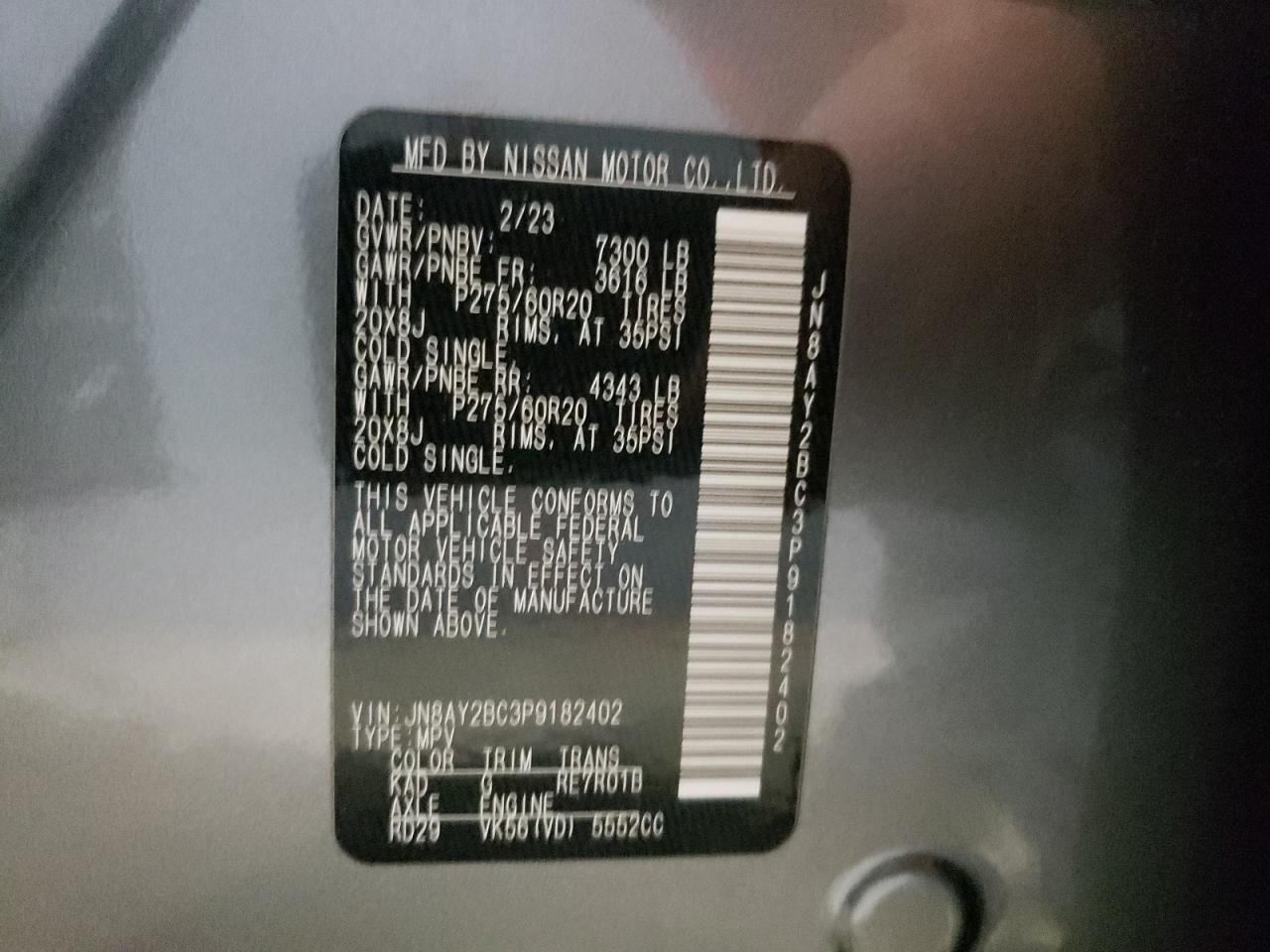 2023 Nissan Armada Sl VIN: JN8AY2BC3P9182402 Lot: 61374294