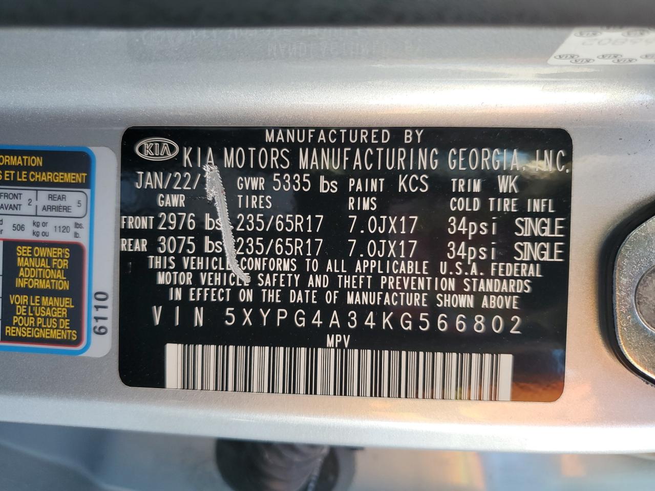 5XYPG4A34KG566802 2019 Kia Sorento L