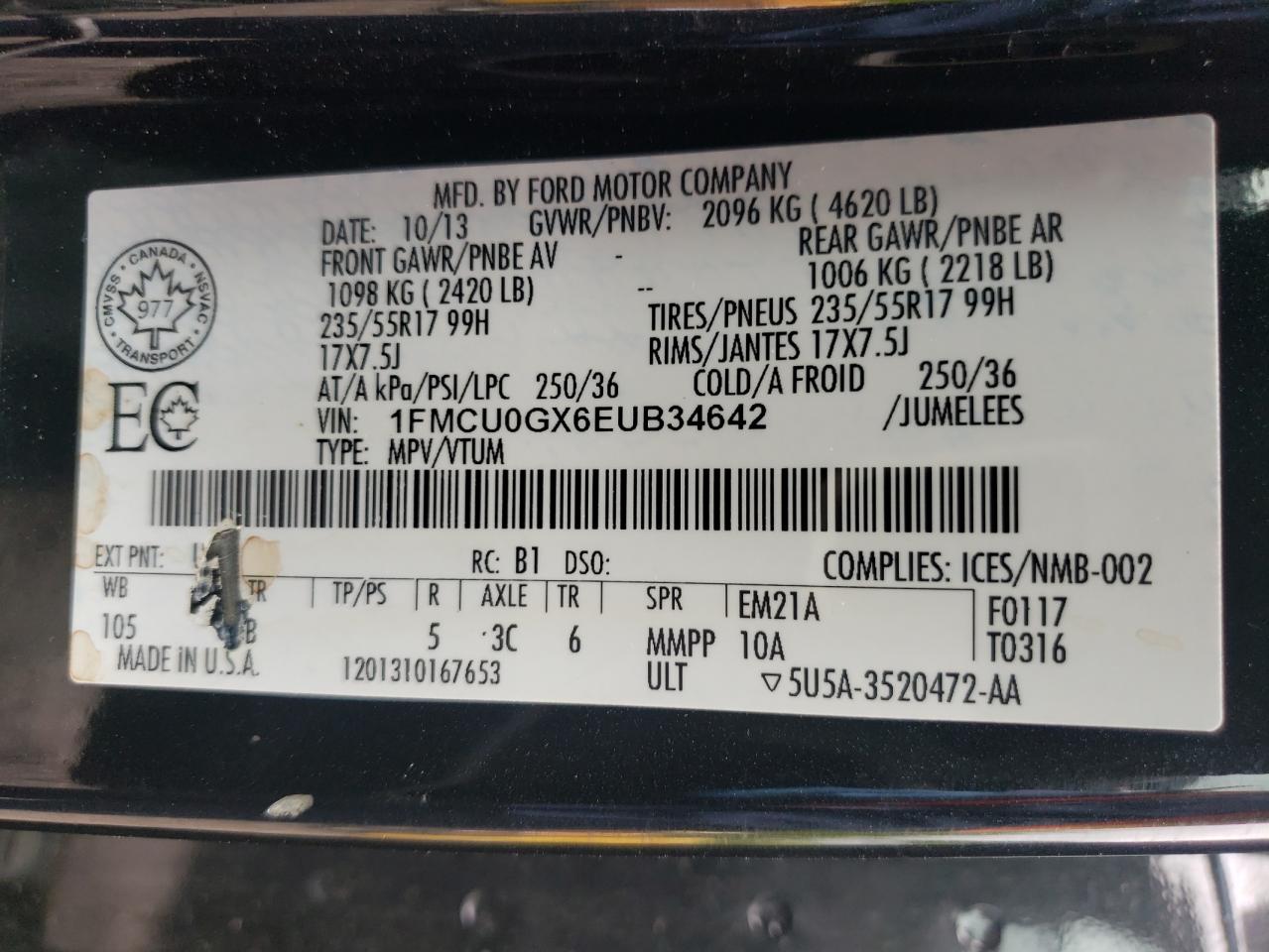 2014 Ford Escape Se VIN: 1FMCU0GX6EUB34642 Lot: 62749324