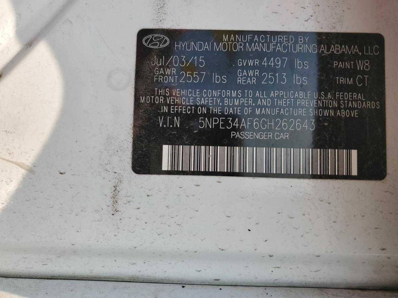 2016 Hyundai Sonata Sport VIN: 5NPE34AF6GH262643 Lot: 63042034