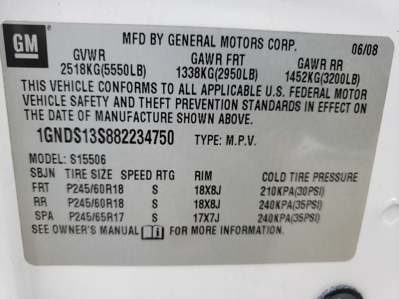 2008 Chevrolet Trailblazer Ls VIN: 1GNDS13S882234750 Lot: 61903524