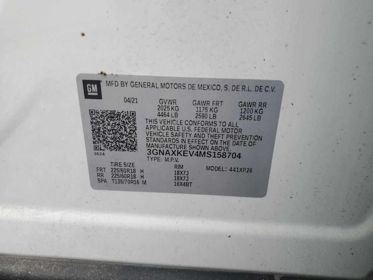 2021 Chevrolet Equinox Lt VIN: 3GNAXKEV4MS158704 Lot: 63693904