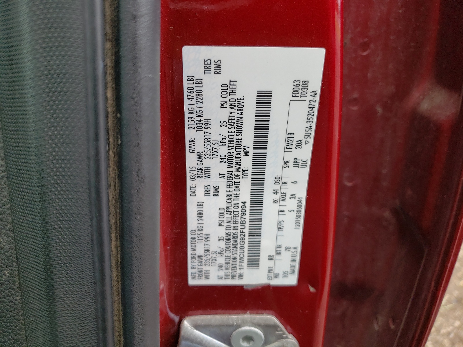 1FMCU0G92FUB79094 2015 Ford Escape Se