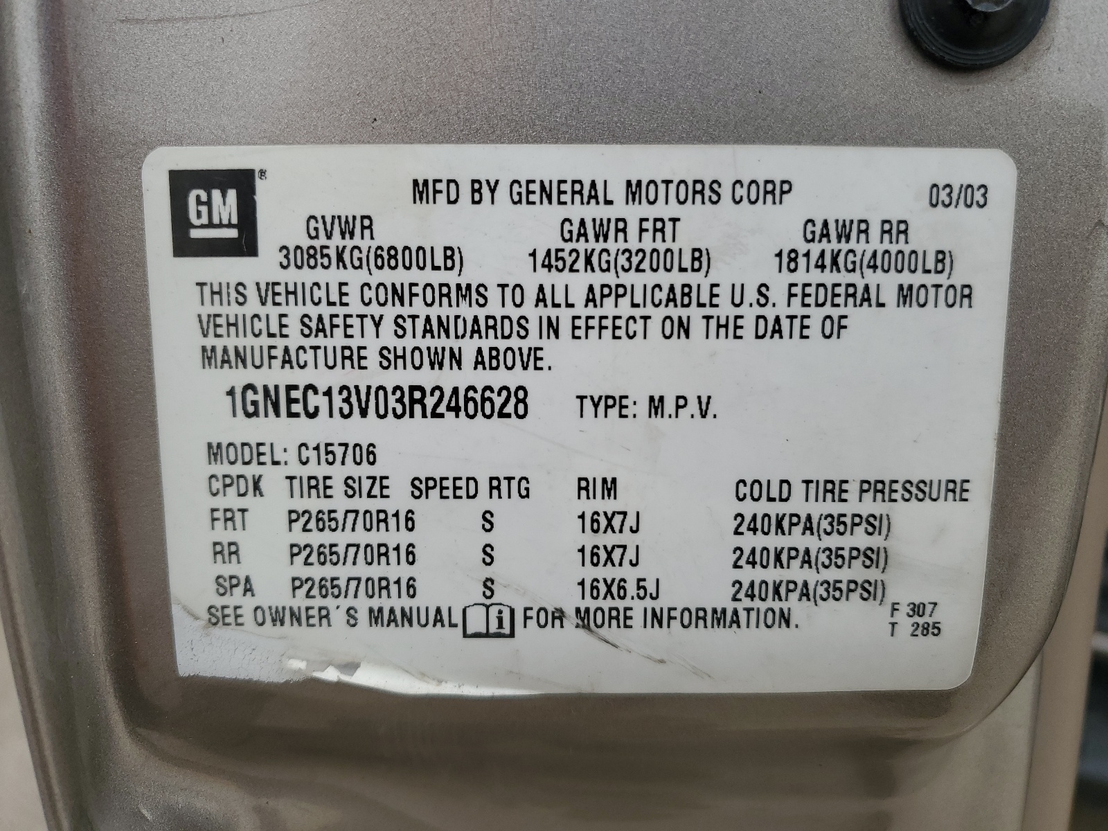 1GNEC13V03R246628 2003 Chevrolet Tahoe C1500