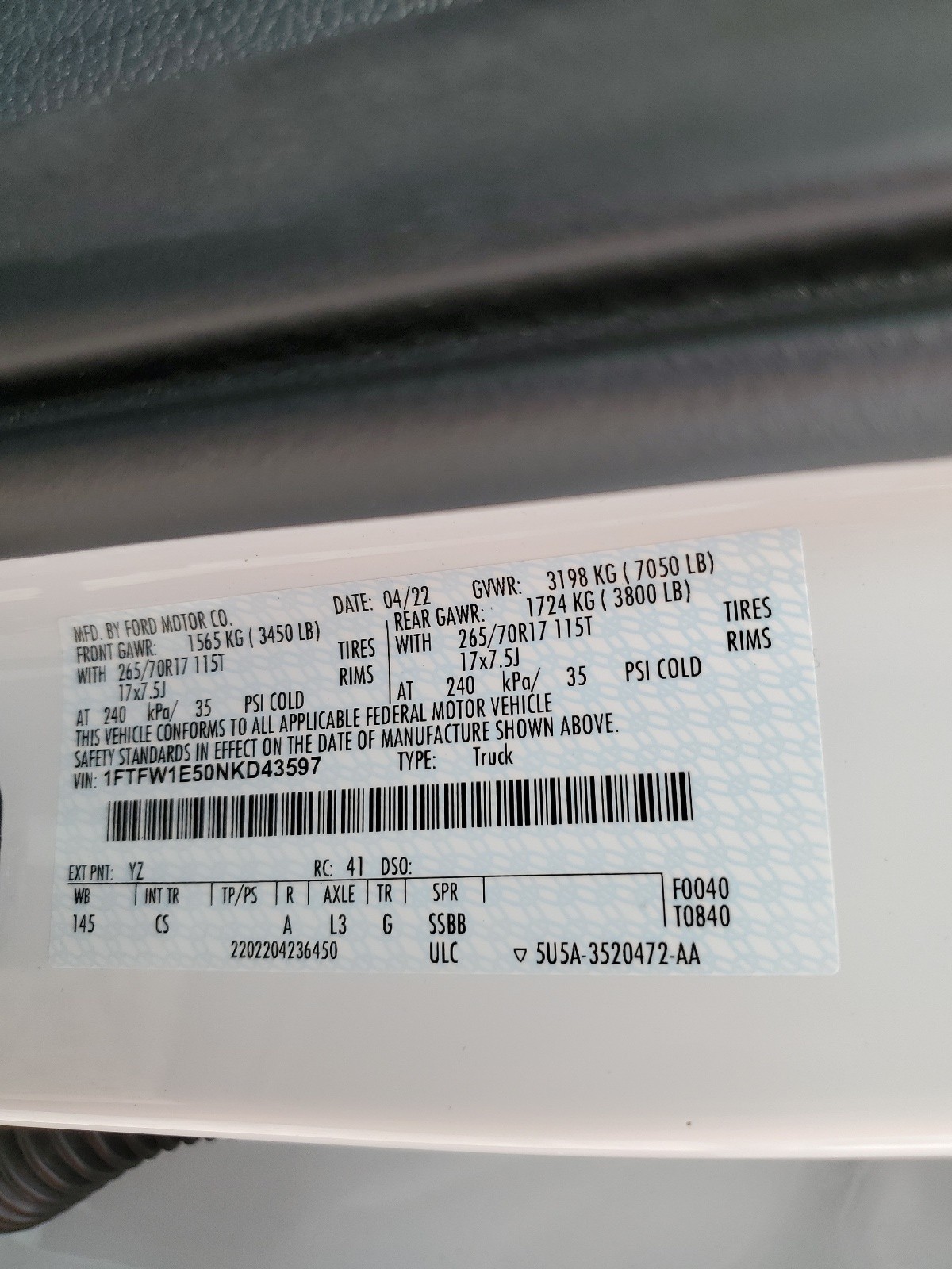 1FTFW1E50NKD43597 2022 Ford F150 Supercrew