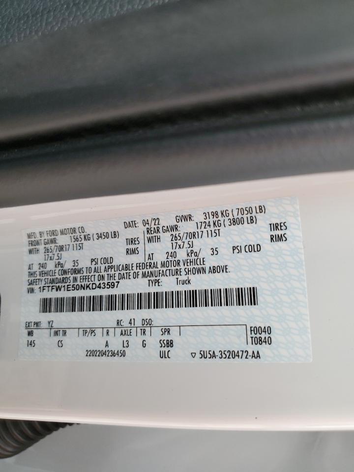 2022 Ford F150 Supercrew VIN: 1FTFW1E50NKD43597 Lot: 61896684