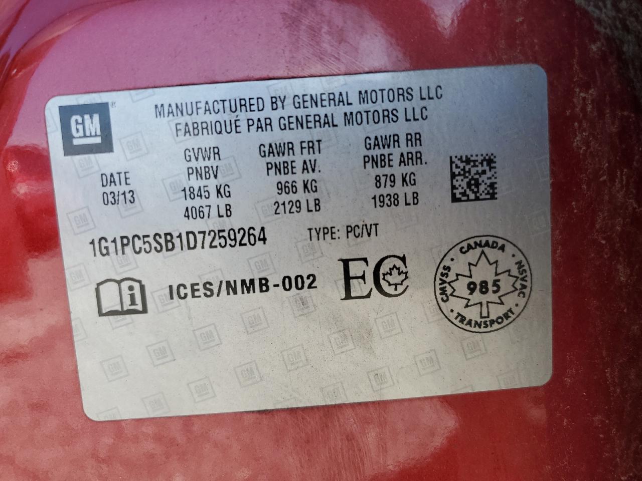 1G1PC5SB1D7259264 2013 Chevrolet Cruze Lt 1G1PC5SB1D7259264 2013 Chevrolet Cruze Lt