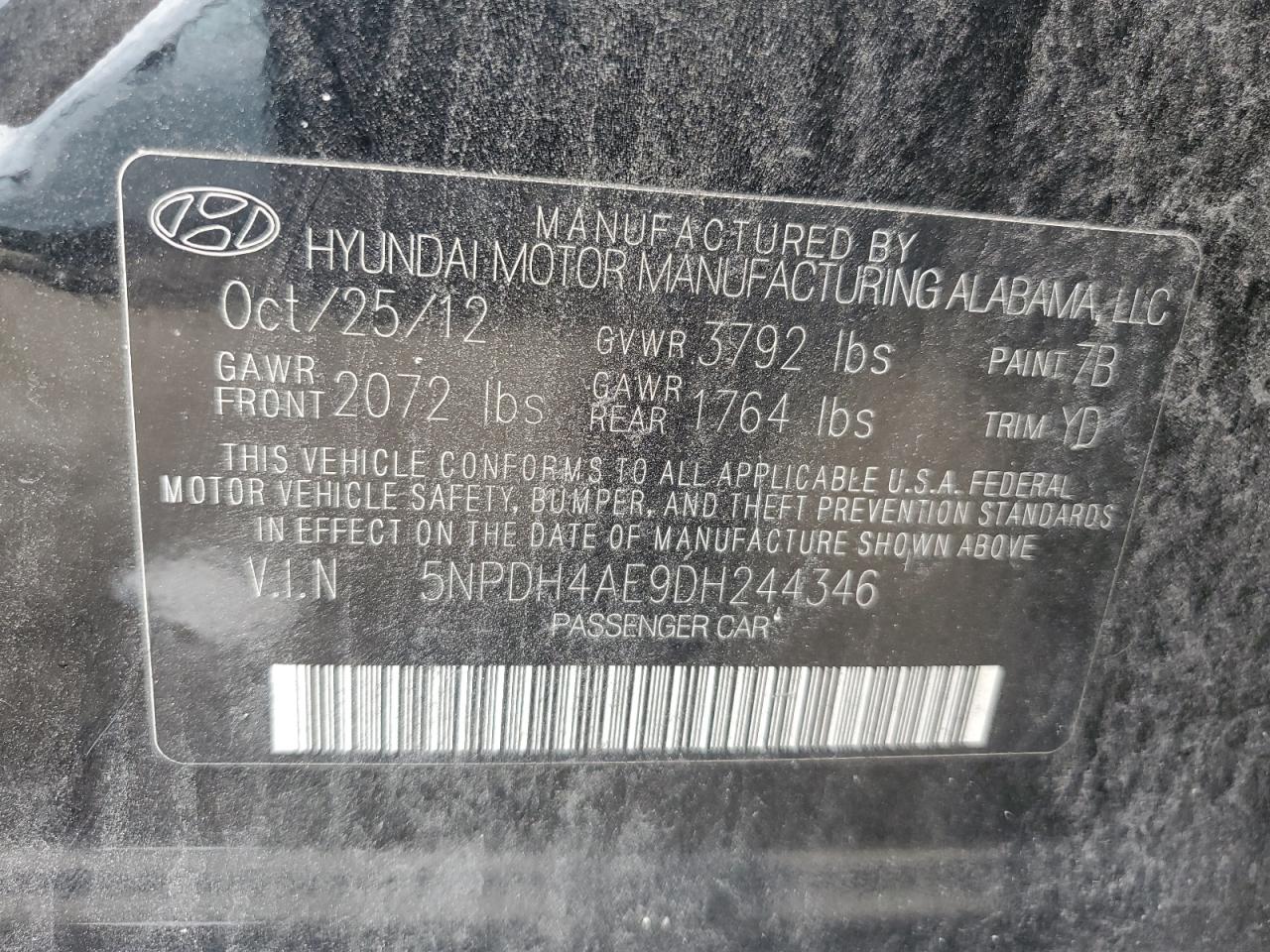 2013 Hyundai Elantra Gls VIN: 5NPDH4AE9DH244346 Lot: 64163154