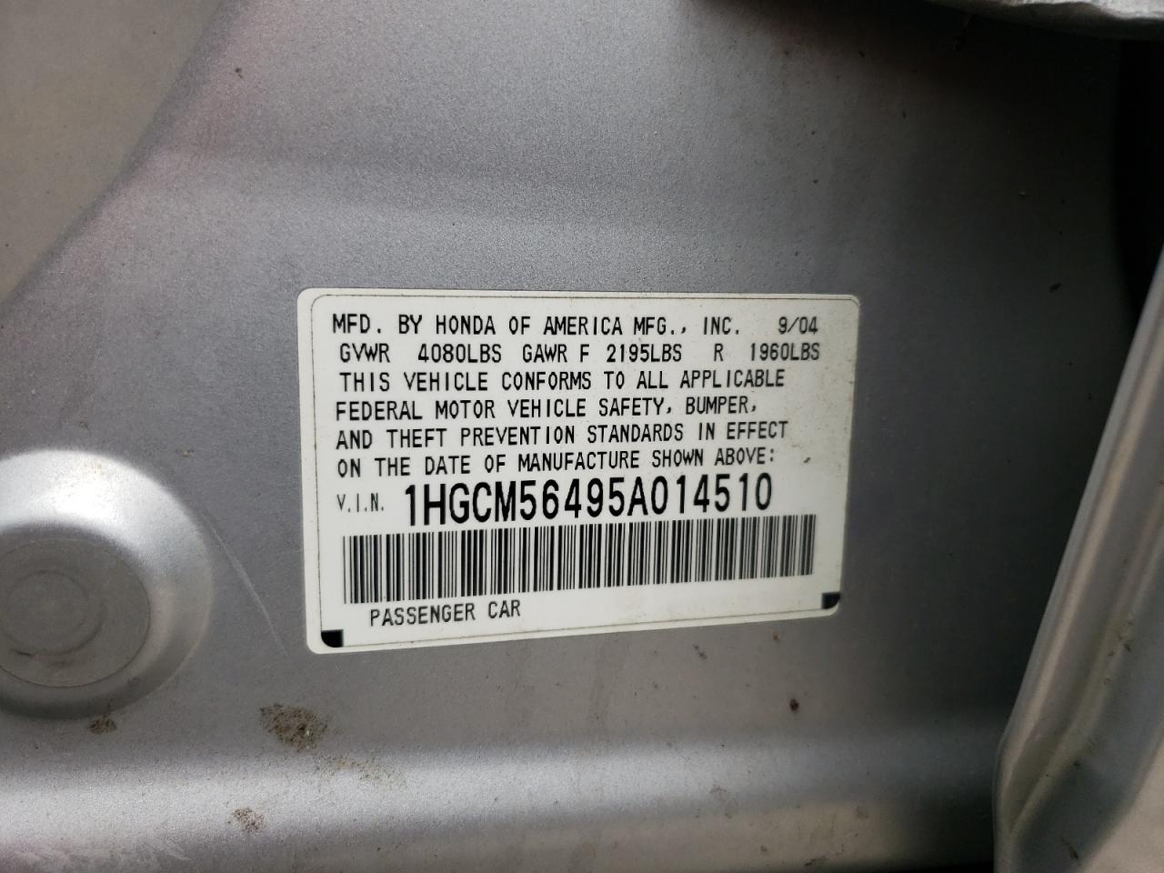 1HGCM56495A014510 2005 Honda Accord Lx