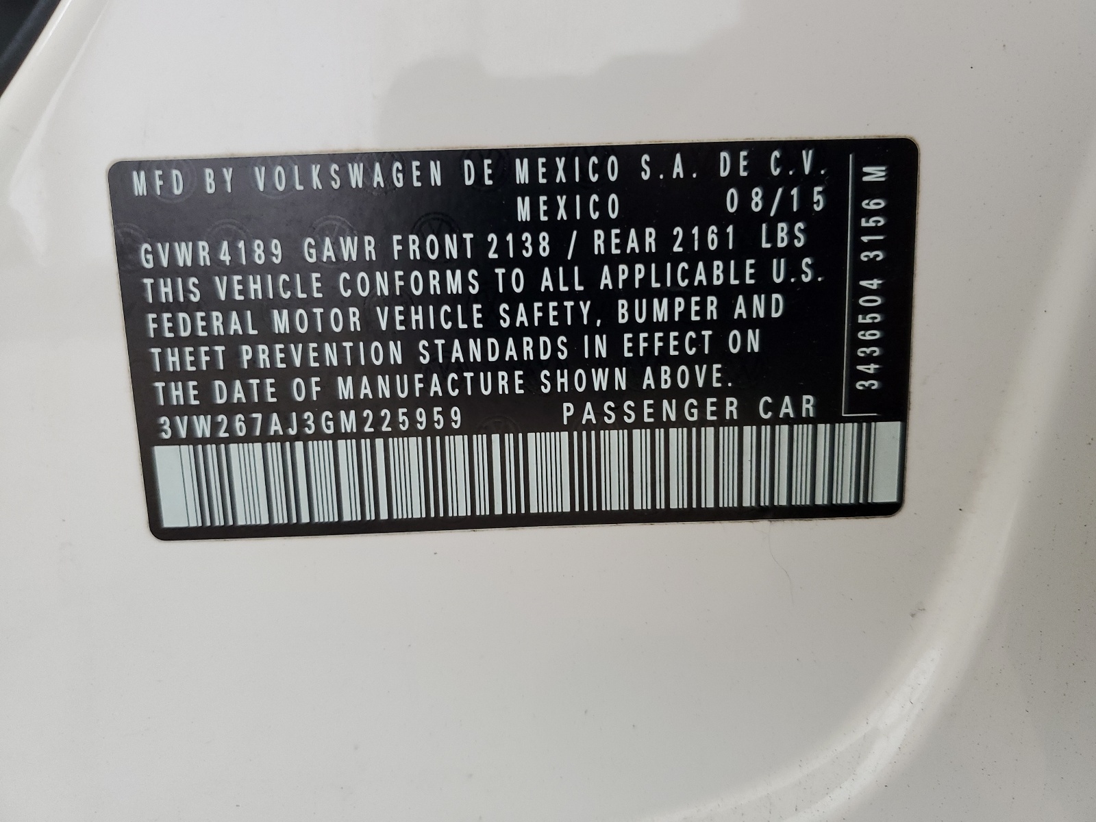 3VW267AJ3GM225959 2016 Volkswagen Jetta S