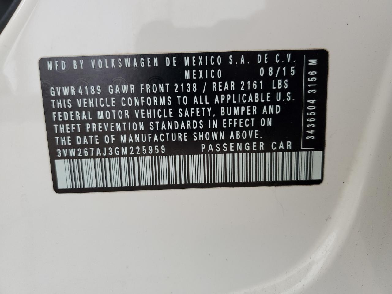 2016 Volkswagen Jetta S VIN: 3VW267AJ3GM225959 Lot: 63967164