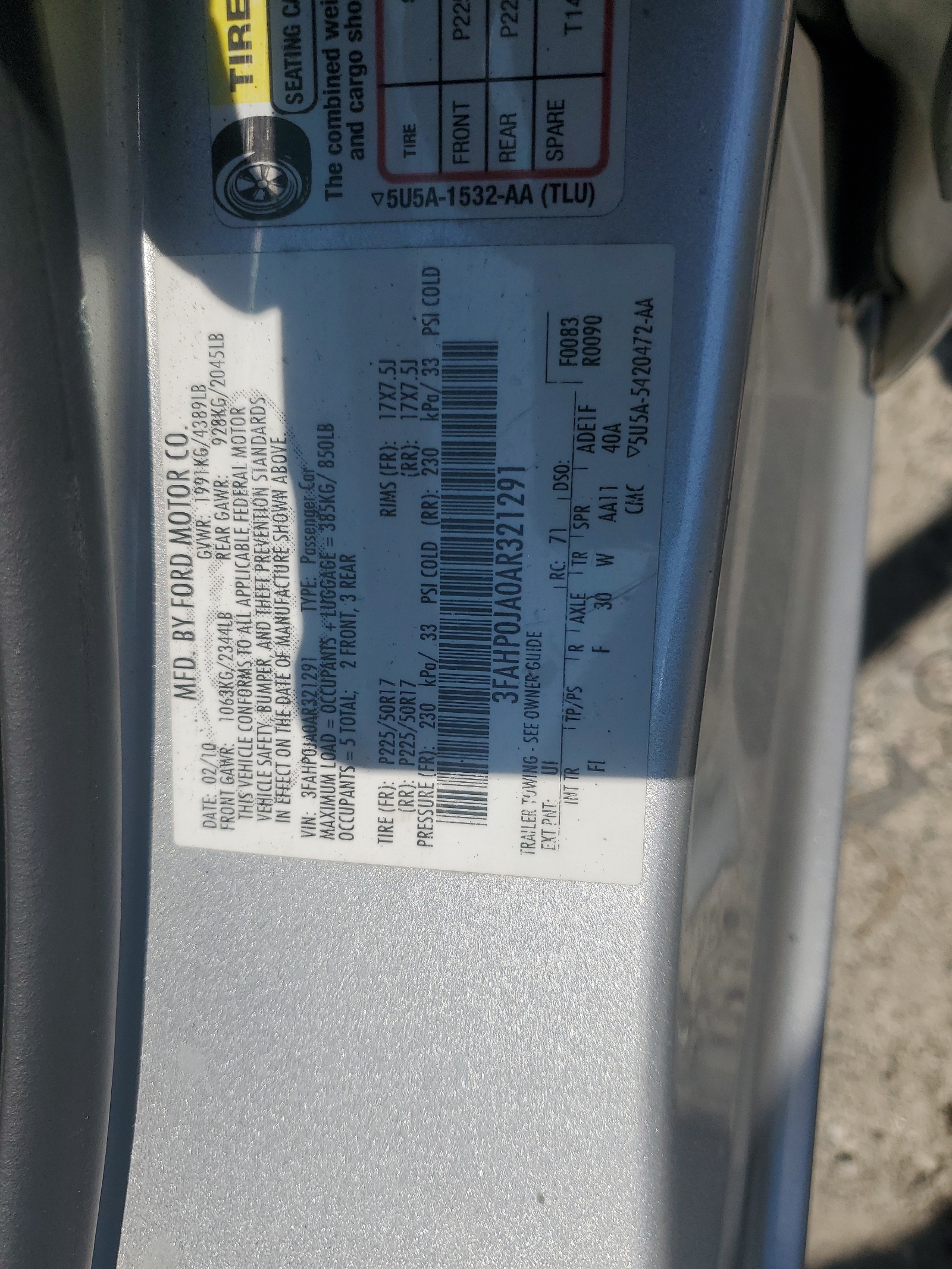 3FAHP0JA0AR321291 2010 Ford Fusion Sel