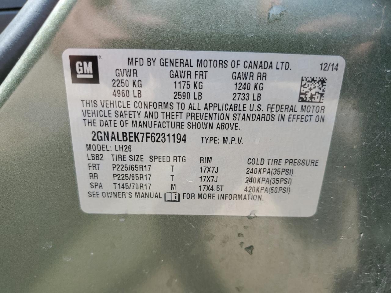 2015 Chevrolet Equinox Lt VIN: 2GNALBEK7F6231194 Lot: 62347524