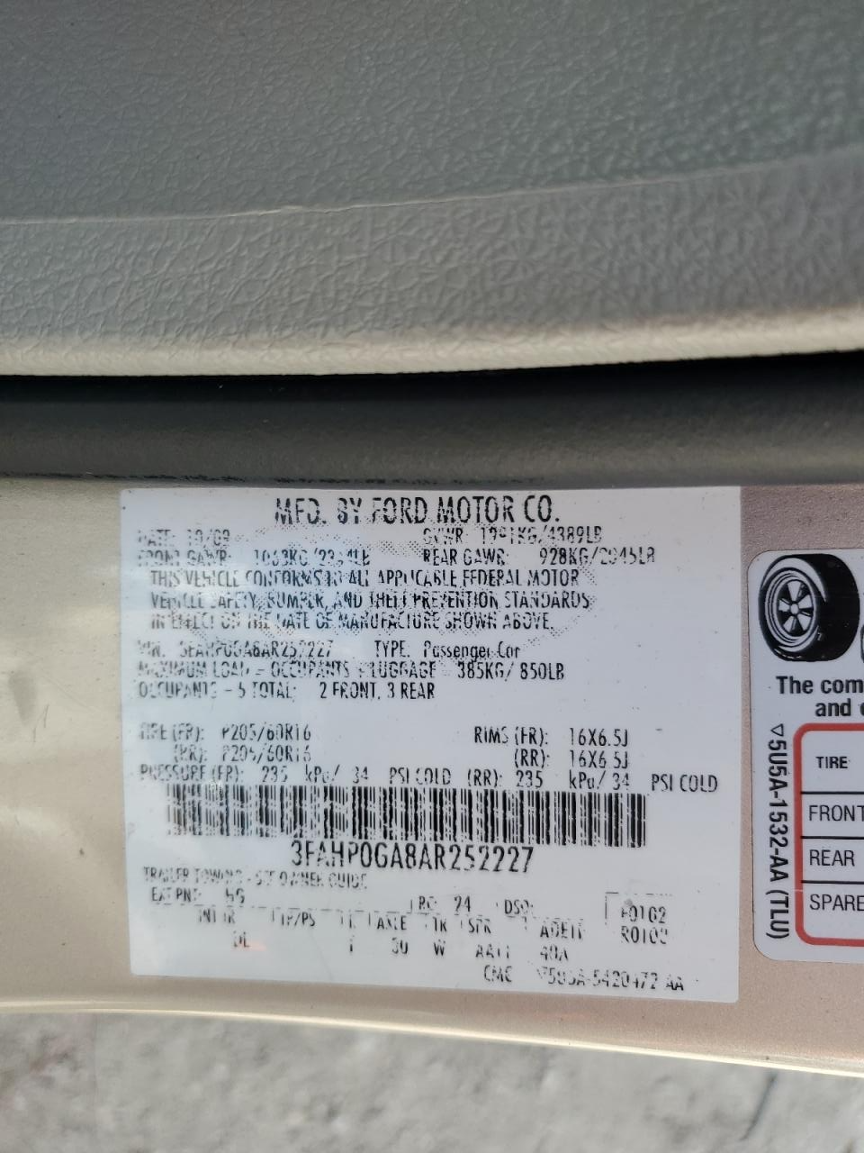 3FAHP0GA8AR252227 2010 Ford Fusion S