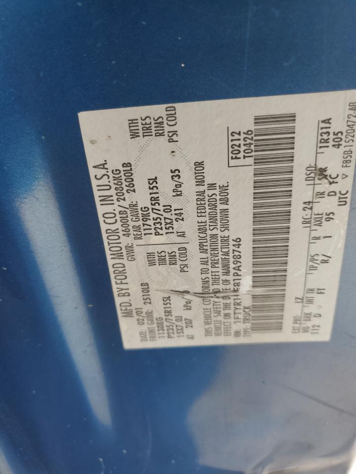 2001 Ford Ranger VIN: 1FTYR10E81PA98746 Lot: 63765064