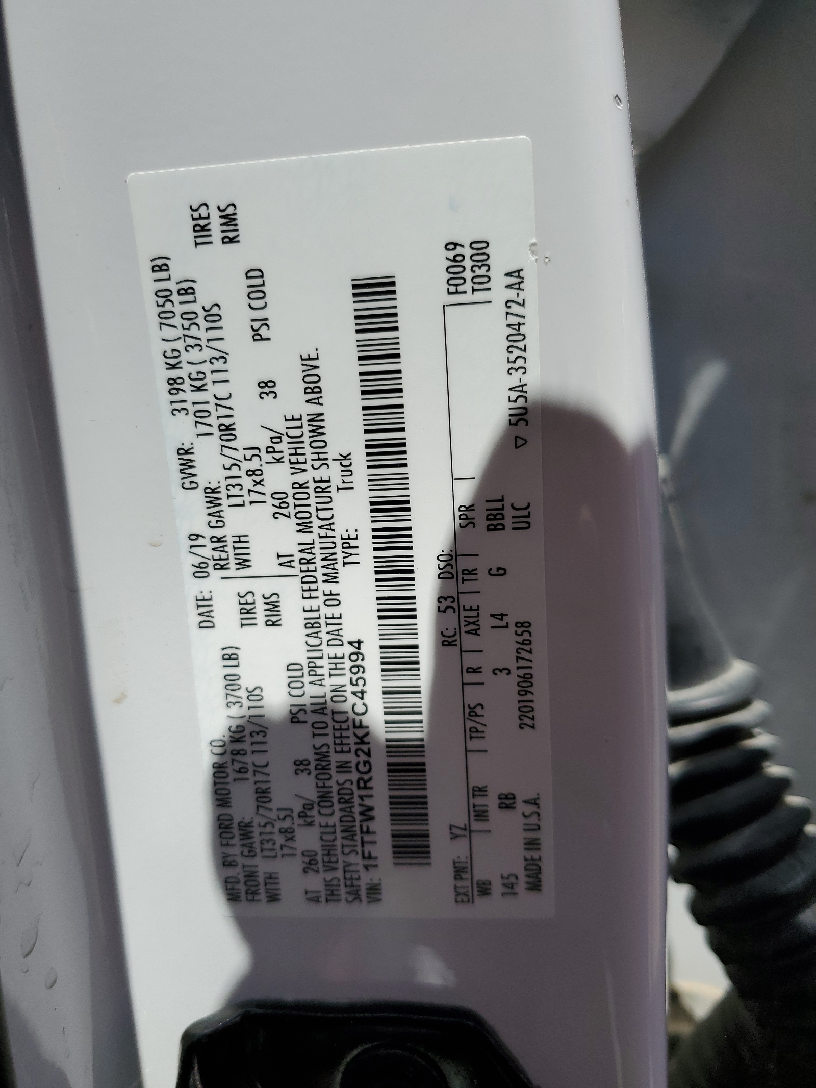 1FTFW1RG2KFC45994 2019 Ford F150 Raptor