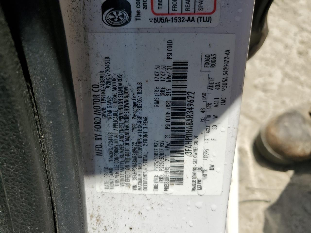 2010 Ford Fusion Se VIN: 3FAHP0HA8AR349622 Lot: 63259554