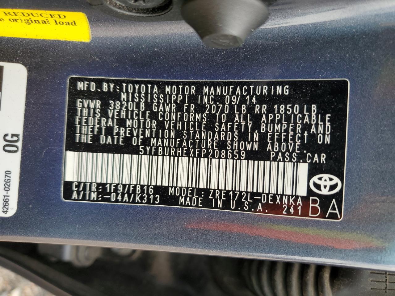 5YFBURHEXFP208659 2015 Toyota Corolla L