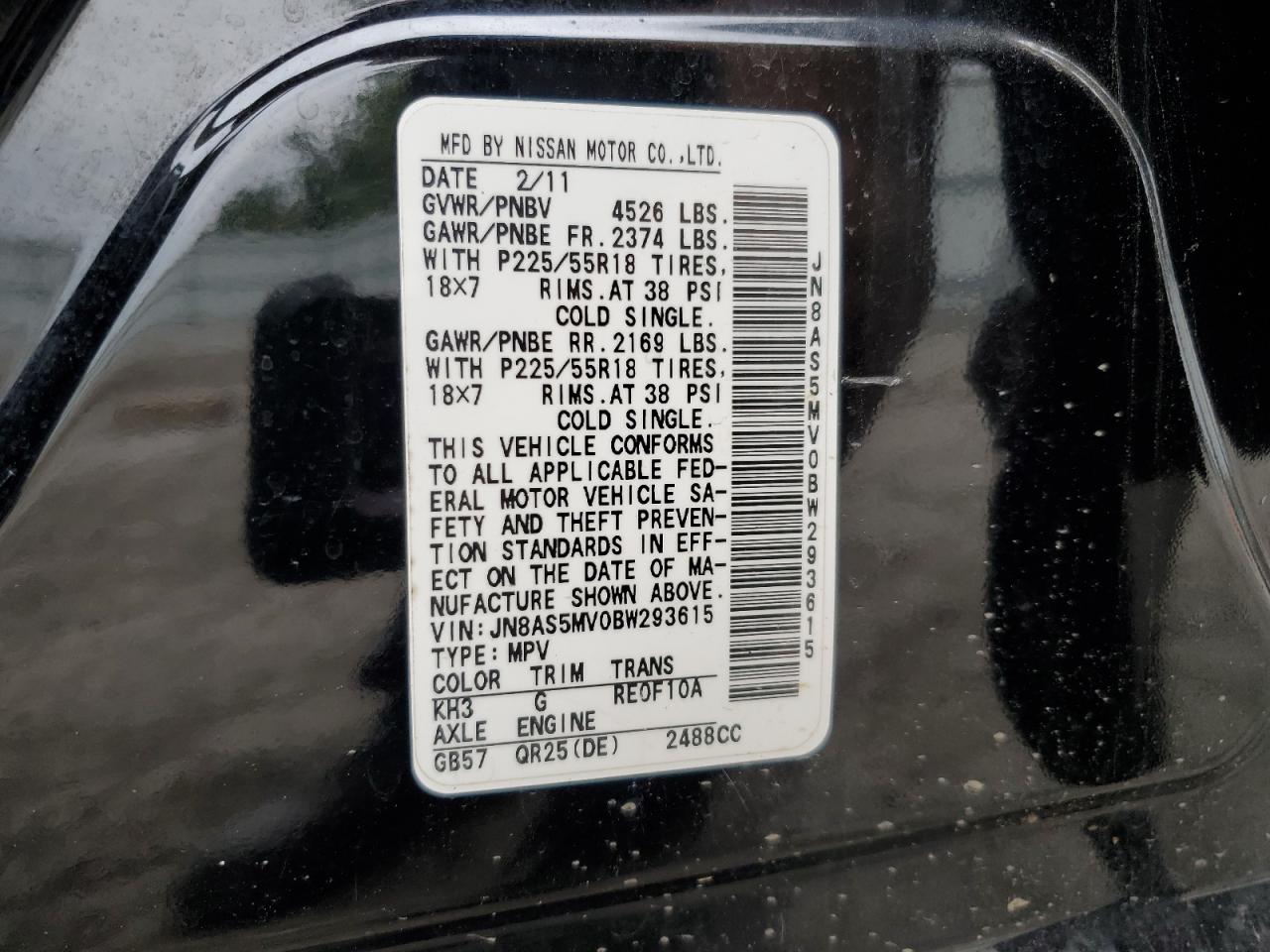 2011 Nissan Rogue S VIN: JN8AS5MV0BW293615 Lot: 63201774