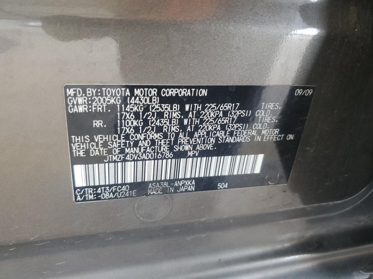 2010 Toyota Rav4 VIN: JTMZF4DV3AD016786 Lot: 60973104