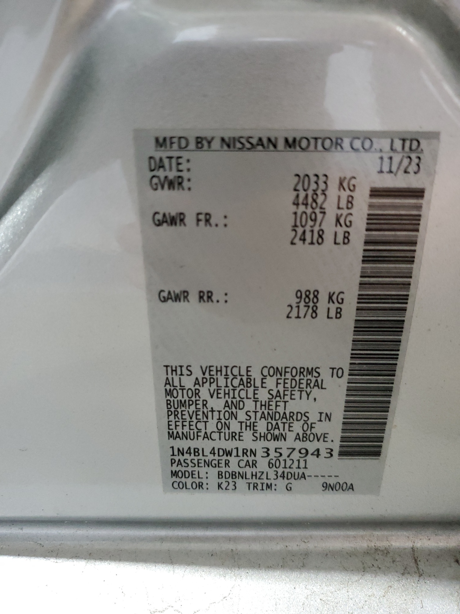 1N4BL4DW1RN357943 2024 Nissan Altima Sv