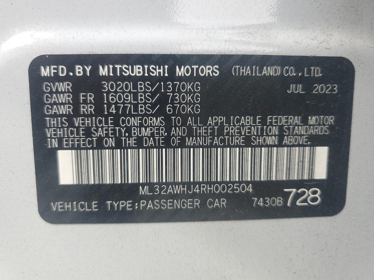 2024 Mitsubishi Mirage Se VIN: ML32AWHJ4RH002504 Lot: 64001404