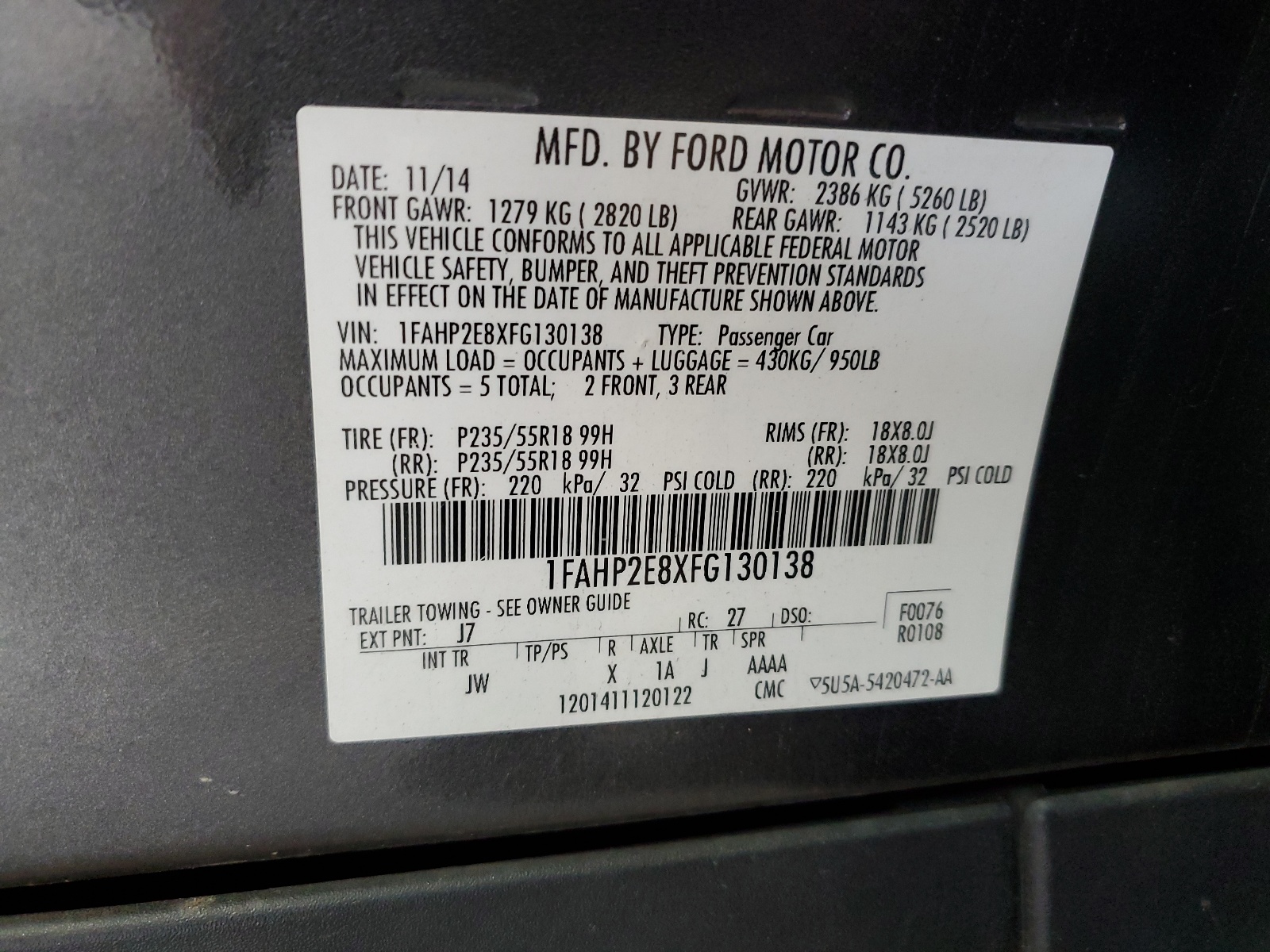 1FAHP2E8XFG130138 2015 Ford Taurus Sel