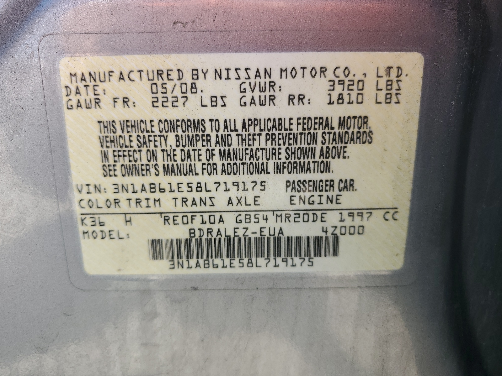 3N1AB61E58L719175 2008 Nissan Sentra 2.0