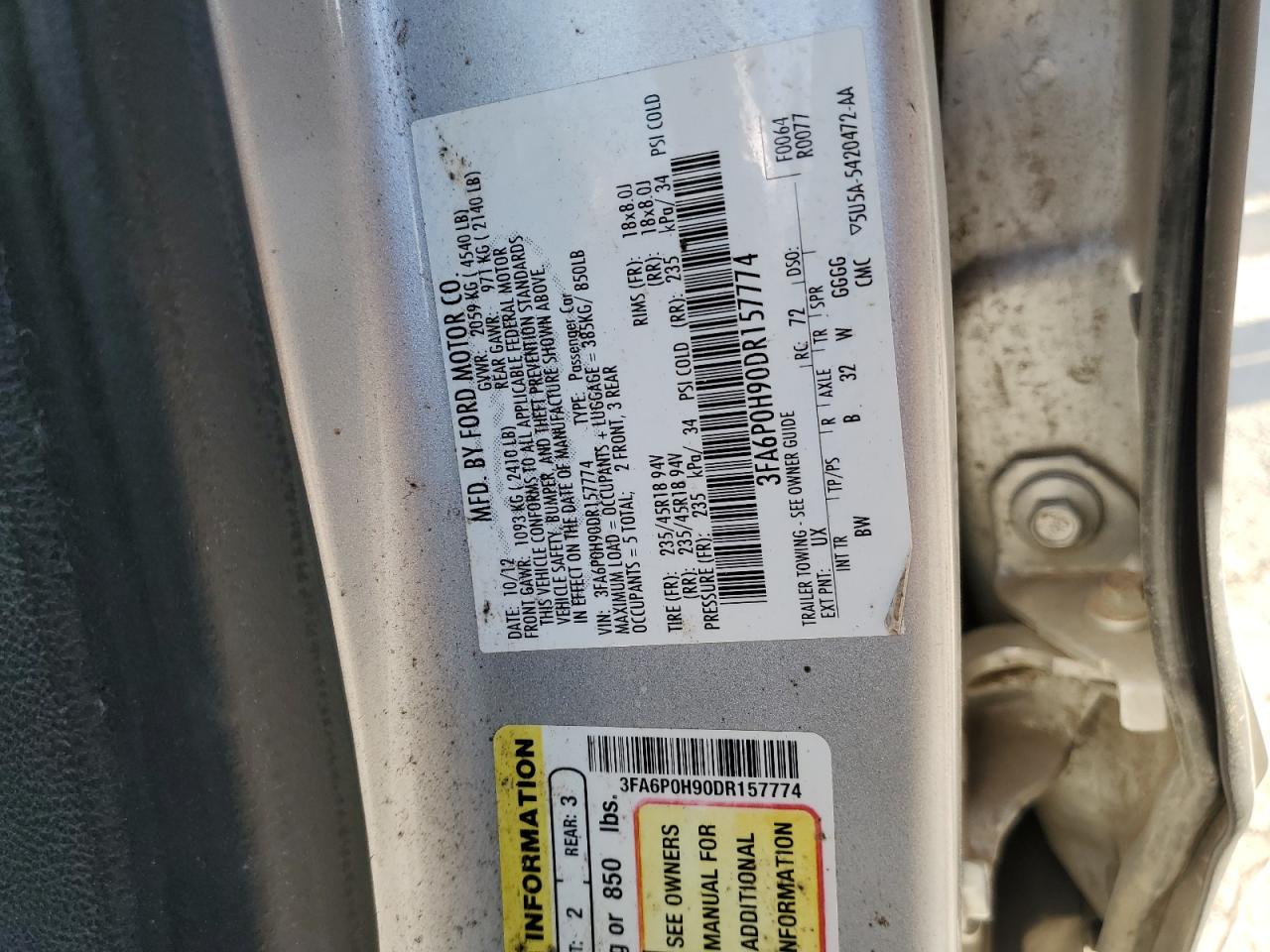 2013 Ford Fusion Se VIN: 3FA6P0H90DR157774 Lot: 61739654