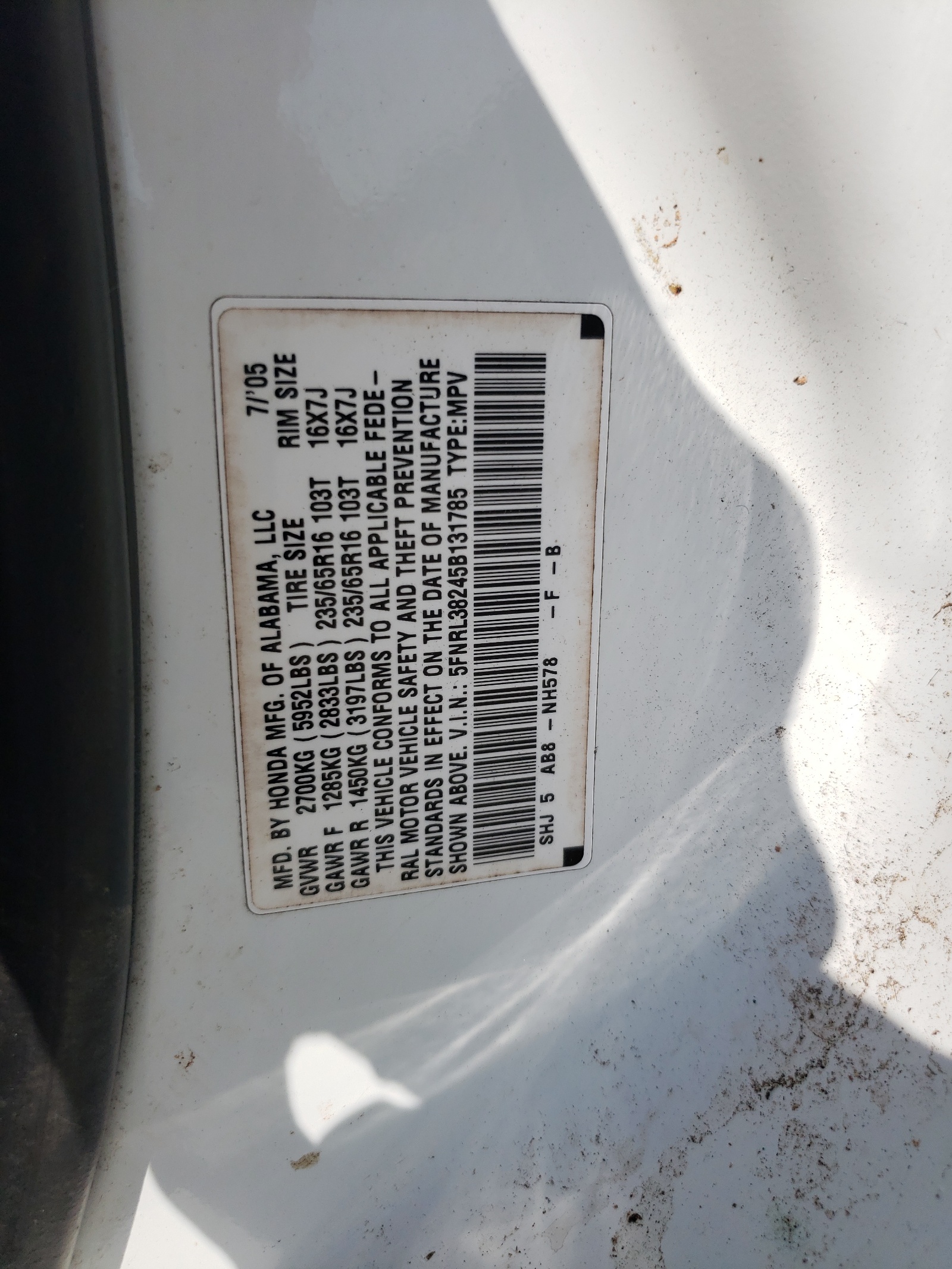 5FNRL38245B131785 2005 Honda Odyssey Lx