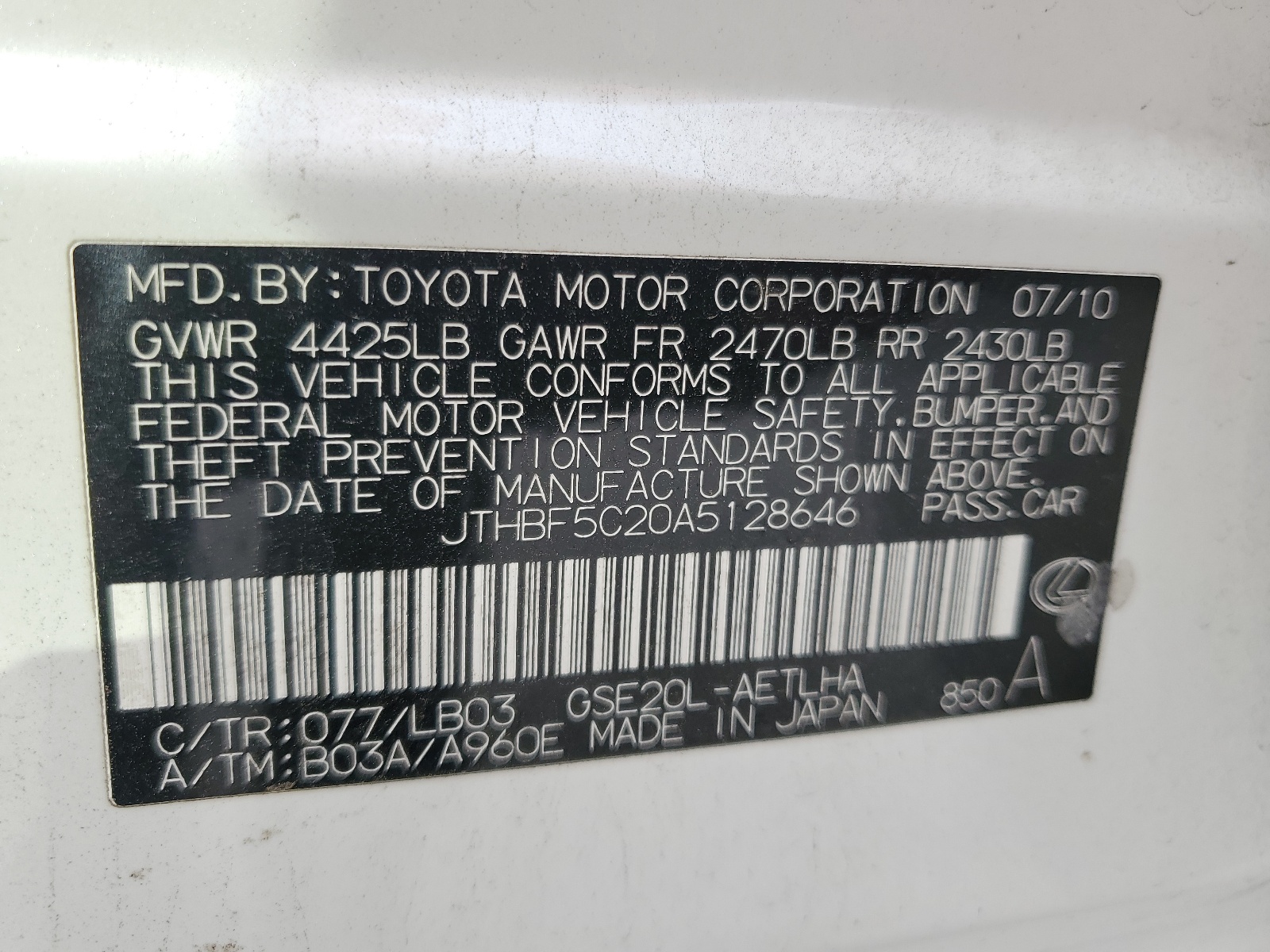 JTHBF5C20A5128646 2010 Lexus Is 250