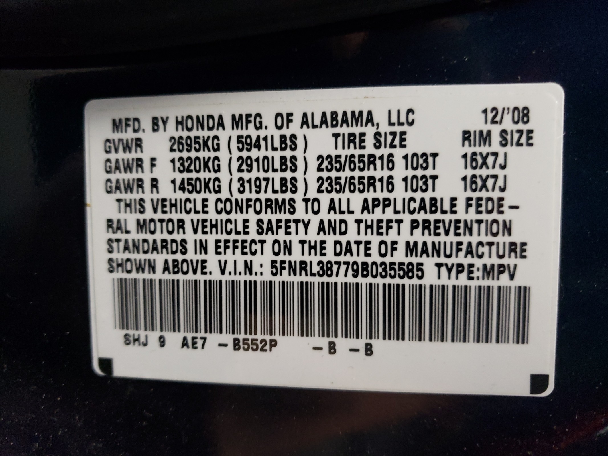 5FNRL38779B035585 2009 Honda Odyssey Exl