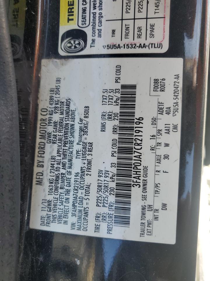 2012 Ford Fusion Sel VIN: 3FAHP0JA7CR219196 Lot: 63499714