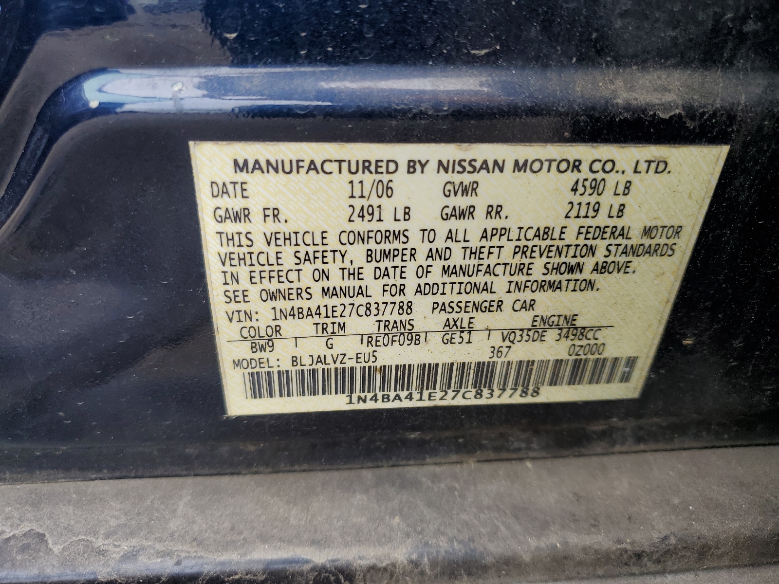 1N4BA41E27C837788 2007 Nissan Maxima Se